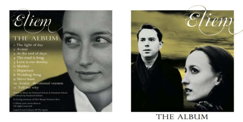 Fotocover von Eliem the Album vorne und hinten. Am linken Bild sieht man das lächelnde Gesicht von Elisabeth Schulz. Links neben ihrem Gesicht sind die Songtitel aufgelistet. Das rechte Bild zeigt Emanuel Schulz in schwarzer Kleidung. Er blickt geradeaus. Elisabeth steht rechts neben ihm und man sieht ihr Gesicht im Profil. Die Bilder sind schwarz weiß.